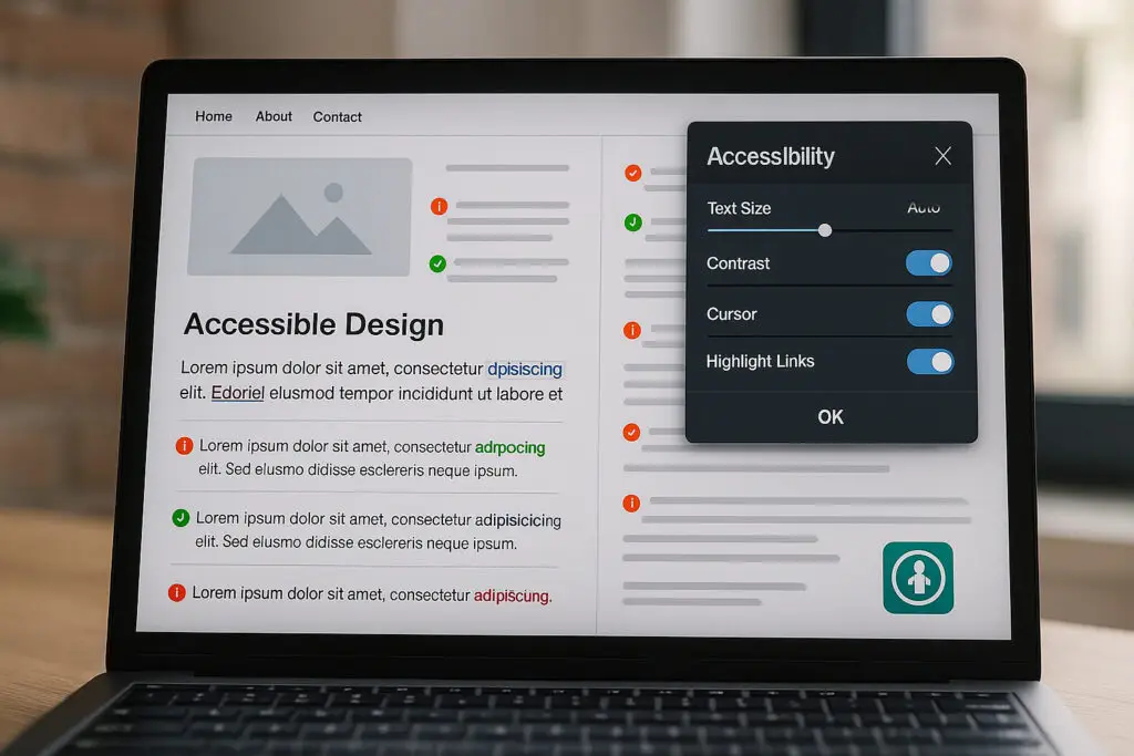Laptop showing an accessibility settings menu with options for text size, contrast, cursor, and link highlighting.